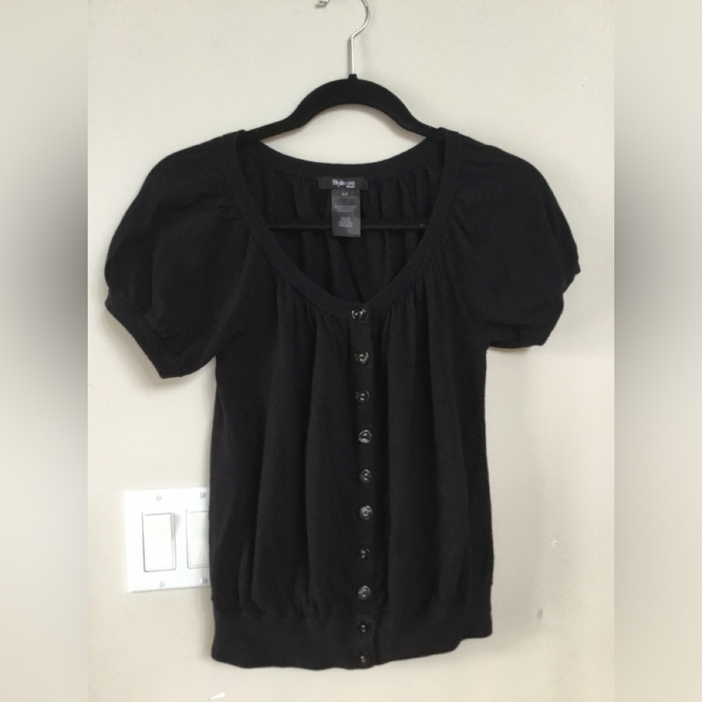 Style & Co. Black Cotton Short Sleeve Button-Down Top
